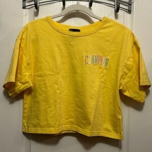 Champion tee Women’s M Yellow Embroidered Logo Crop Top‎ boxy colorful Spellout
